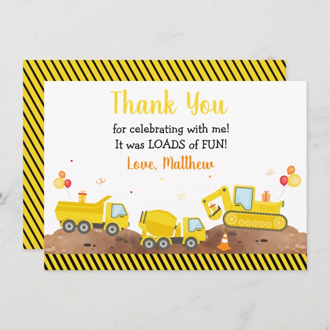 Construction Truck Loads Of Fun Birthday Thank You (Front/Back)