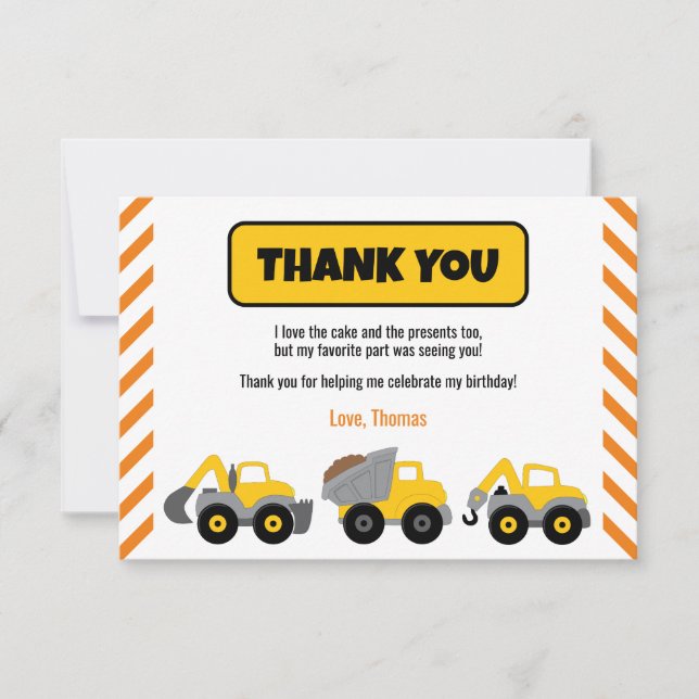 Construction Truck Party Thank You Card (Front)