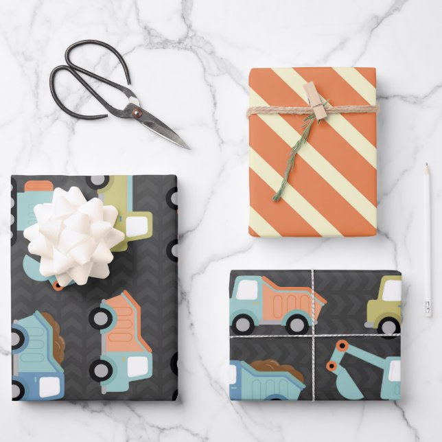 Construction Truck Pattern in Orange Wrapping Paper Sheet (Front)