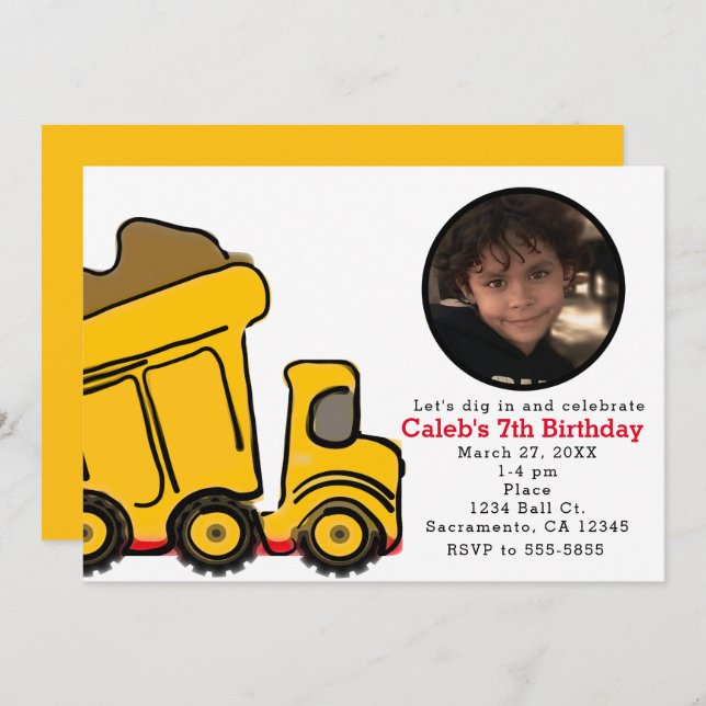 Construction Truck Photo Birthday Party Invitation (Front/Back)
