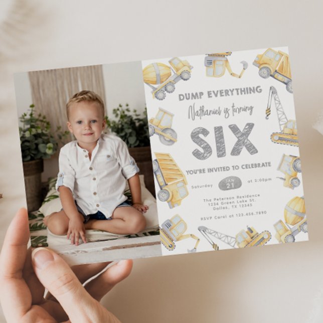 Construction Truck SIX 6th Birthday Party Invitation (Creator Uploaded)