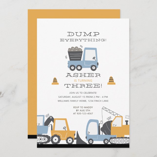 Construction Truck Theme Birthday Party Invitation (Front/Back)