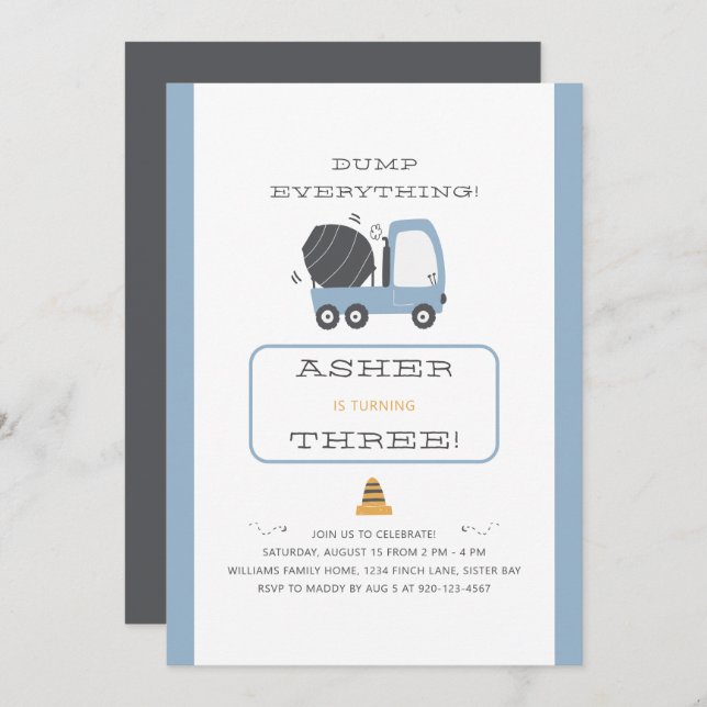 Construction Truck Theme Dump Truck Birthday Party Invitation (Front/Back)