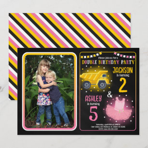 Construction Truck & Tutu Siblings Photo Birthday Invitation