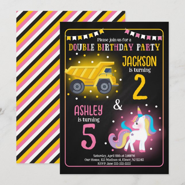Construction Truck Unicorn Siblings Joint Birthday Invitation (Front/Back)
