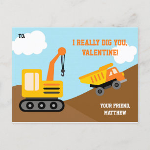 Construction Truck Valentines Day Card Kids (Boys)