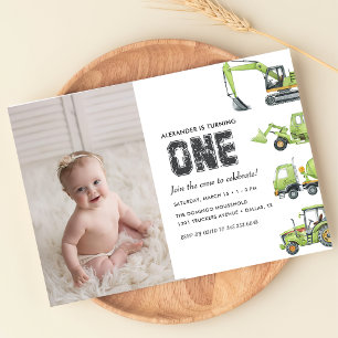 Construction Truck Vehicles Boys 1st Birthday  Invitation