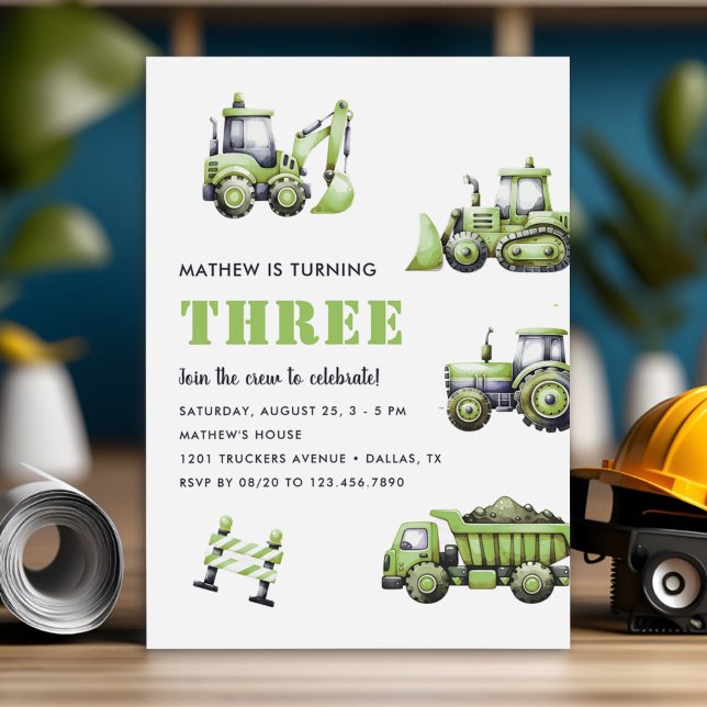 Construction Truck Vehicles Boys 3rd Birthday Invitation (Creator Uploaded)