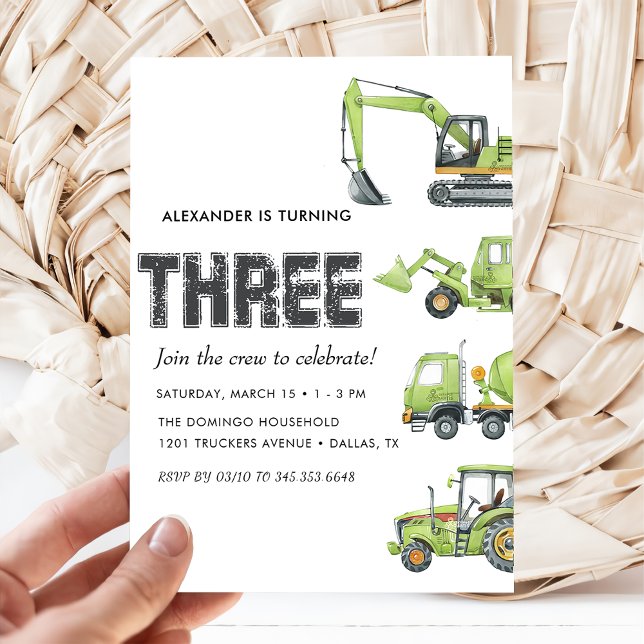 Construction Truck Vehicles Boys 3rd Birthday  Invitation (Creator Uploaded)
