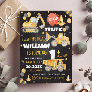Construction Trucks 1st Birthday Invitation