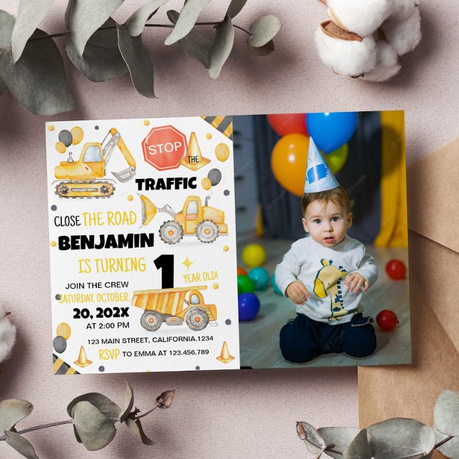Construction Trucks 1st Birthday Invitation (Creator Uploaded)