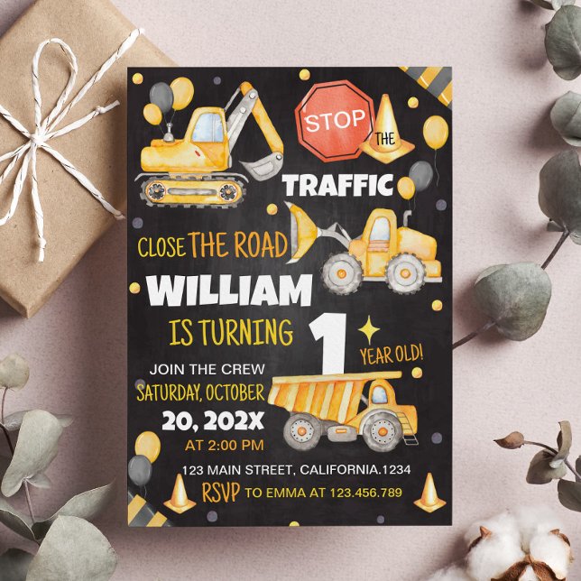 Construction Trucks 1st Birthday Invitation (Creator Uploaded)