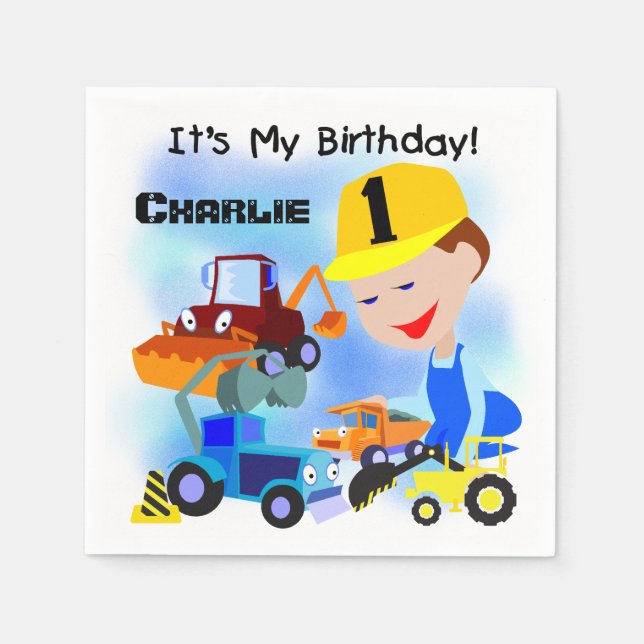 Construction Trucks 1st Birthday Paper Napkins (Front)
