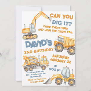 Construction Trucks 2nd Birthday Party Invitation