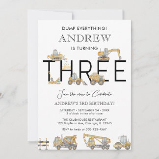 Construction Trucks 3rd Birthday Party Invitation