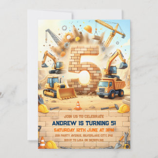 Construction Trucks 5th Birthday Invitation