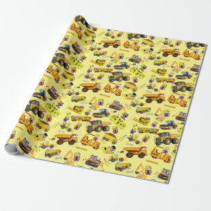 Construction trucks and construction workers theme wrapping paper
