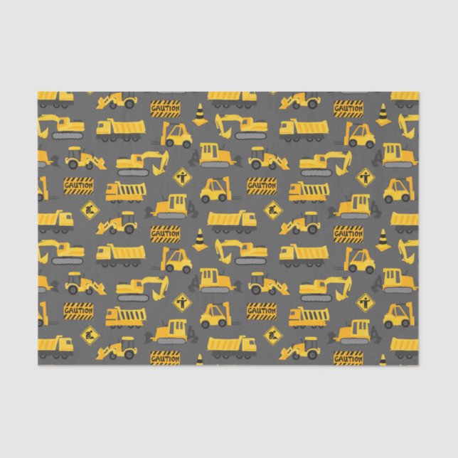 Construction Trucks and Signs Pattern Grey Tissue Paper (Front)