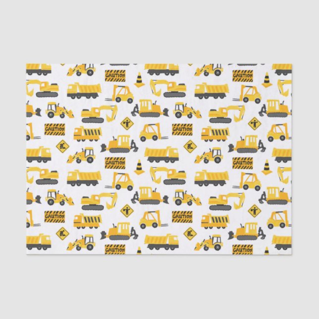 Construction Trucks and Signs Pattern White Tissue Paper (Front)