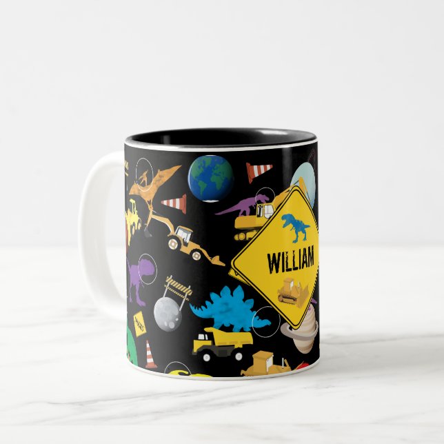 Construction Trucks Astronaut Dinosaurs in Space Two-Tone Coffee Mug (Front Left)
