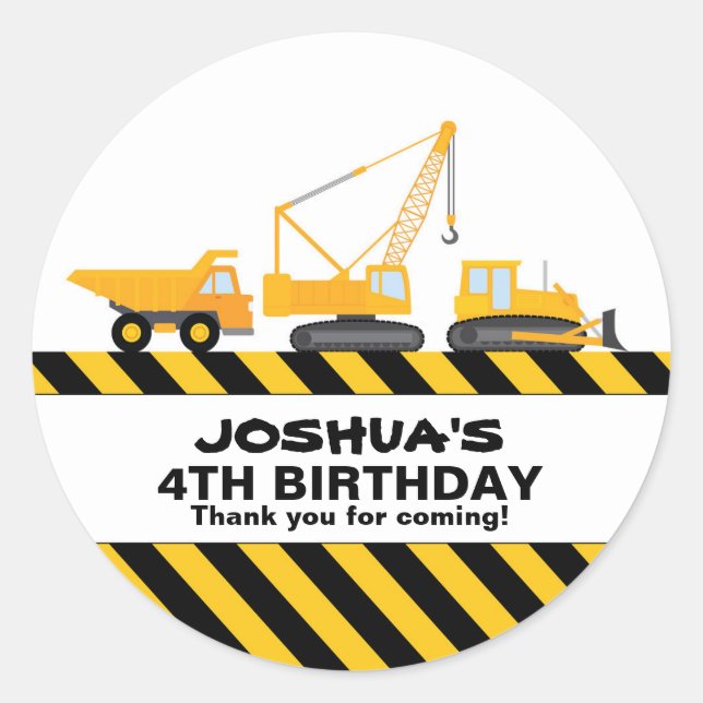 Construction Trucks Birthday Party Favour Sticker (Front)