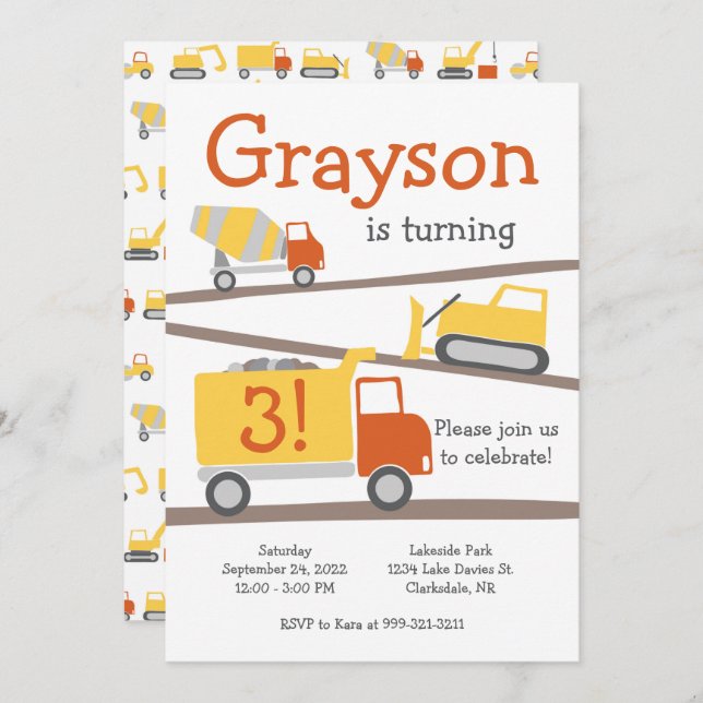 Construction Trucks Birthday Party Invitation (Front/Back)