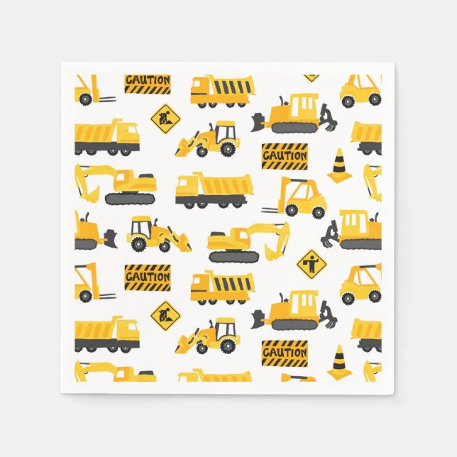 Construction Trucks Birthday Party Pattern White Napkin (Front)
