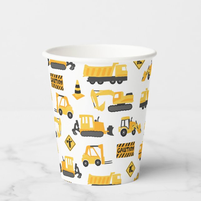 Construction Trucks Birthday Party Pattern White Paper Cups (Front)