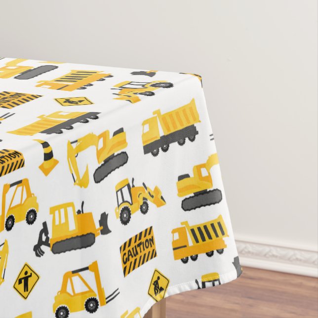 Construction Trucks Birthday Party Pattern White Tablecloth (In Situ)