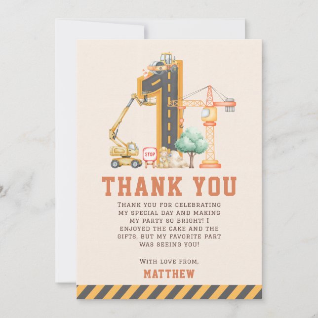 Construction Trucks Birthday Party Thank You Card (Front)