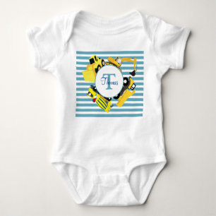 Construction Trucks Blue Stripes Monogram Baby Bodysuit