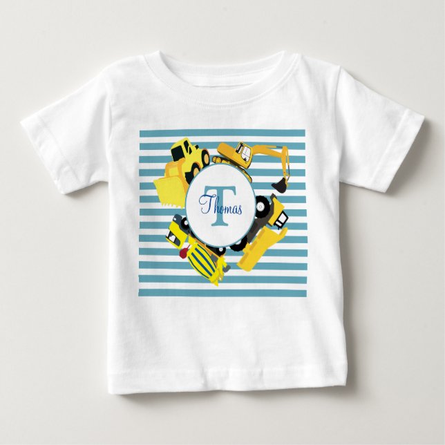Construction Trucks Blue Stripes Monogram Baby T-Shirt (Front)