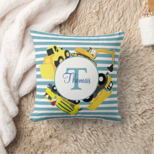 Construction Trucks Blue Stripes Monogram Cushion