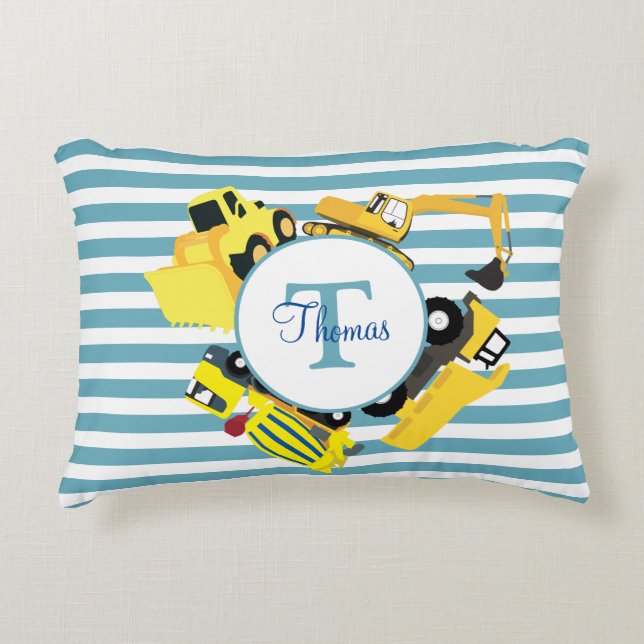 Construction Trucks Blue Stripes Monogram Decorative Cushion (Front)