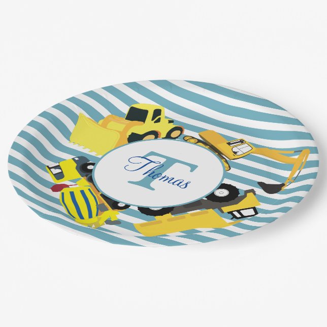 Construction Trucks Blue Stripes Monogram Paper Plate (Angled)