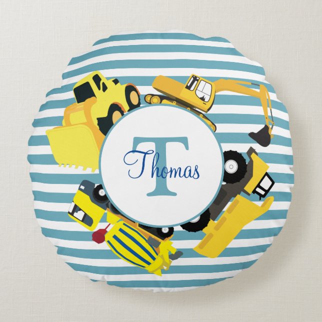 Construction Trucks Blue Stripes Monogram Round Cushion (Front)