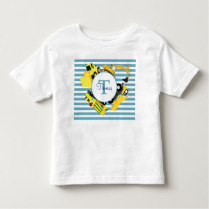 Construction Trucks Blue Stripes Monogram Toddler T-Shirt