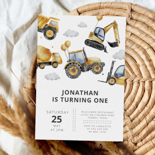 Construction Trucks Boy 1st Birthday Party Invitation (Creator Uploaded)