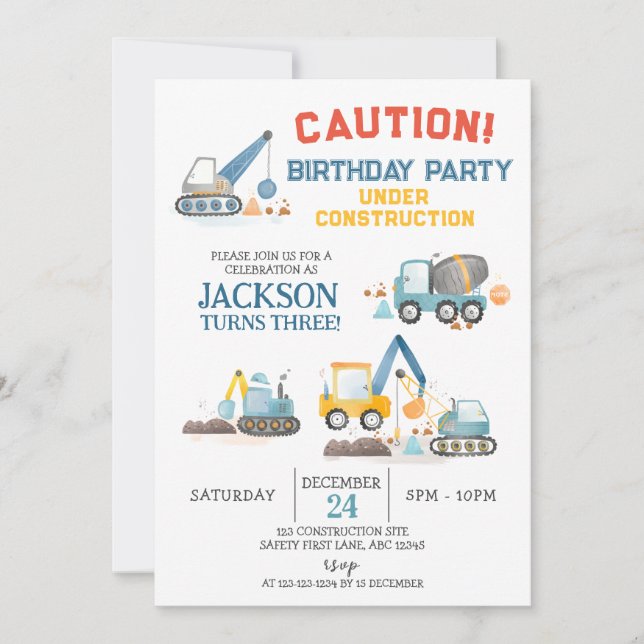 Construction Trucks, Boy 3rd Birthday Party Invitation (Front)