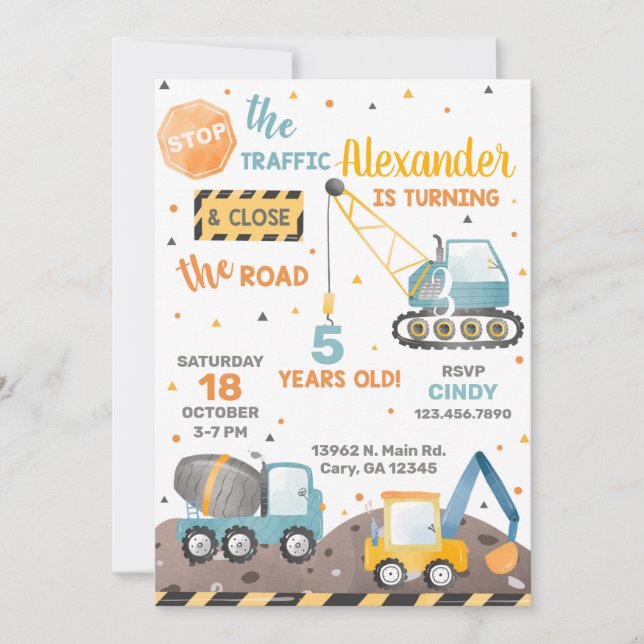 Construction trucks boy birthday invitation. invitation (Front)