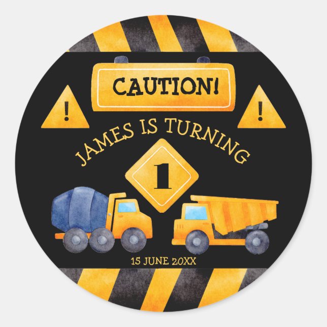 Construction trucks boys birthday party  classic round sticker (Front)