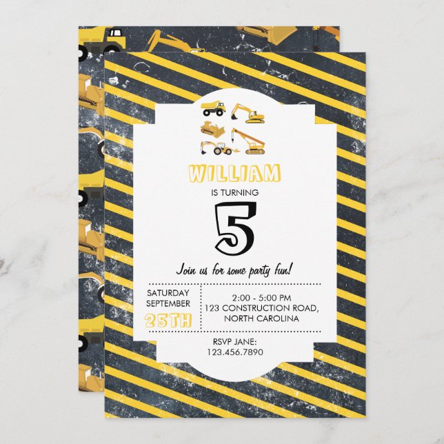 Construction Trucks Boys Birthday Party Invitation (Front/Back)