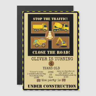 Construction Trucks   Boys Themed Birthday Party  Magnetic Invitation