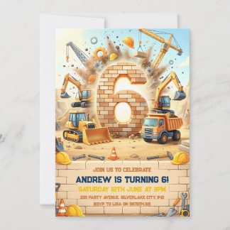 Construction Trucks Cranes 6th Birthday Invitation