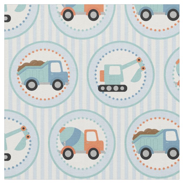 Construction Trucks - Cute Blue White Fabric (Close Up)