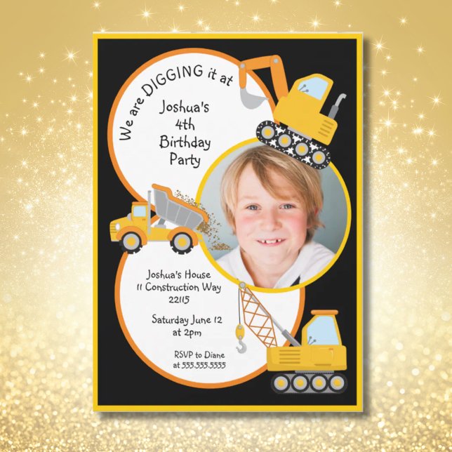 Construction Trucks Digging It Add Photo Birthday  Invitation (Construction Trucks Digging It Add Photo Birthday Invitation)