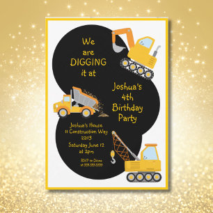 Construction Trucks Digging It Birthday Party Invitation