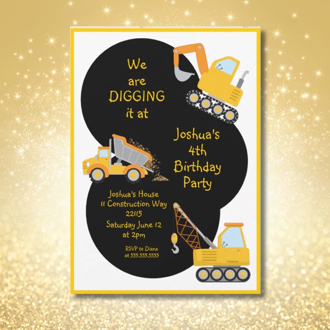 Construction Trucks Digging It Birthday Party Invitation (Construction Trucks Digging It Birthday Party Invitation)
