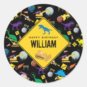 Construction Trucks Dinosaurs in Space Birthday  Classic Round Sticker