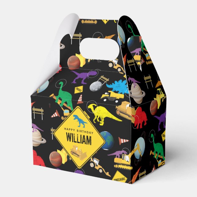 Construction Trucks Dinosaurs in Space Birthday Favour Box (Front Side)